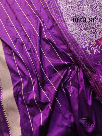 Purple Modern Design Meenakari Kadwa Hand Weaved Banarasi Pure Katan Silk Saree