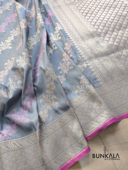 Pastel Grey Meenakari Jaal Kadwa Hand Weaved Banarasi Pure Katan Silk Saree