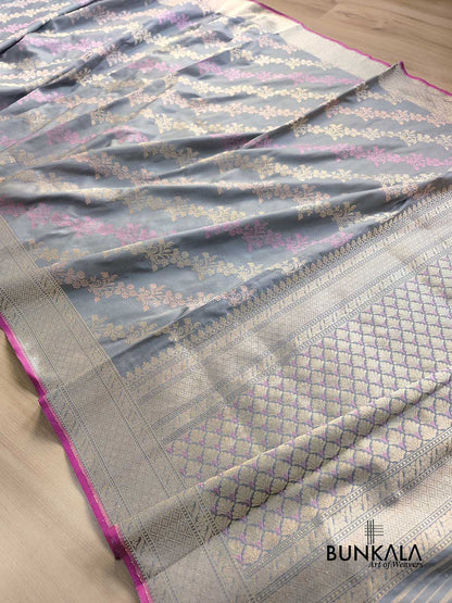 Pastel Grey Meenakari Jaal Kadwa Hand Weaved Banarasi Pure Katan Silk Saree