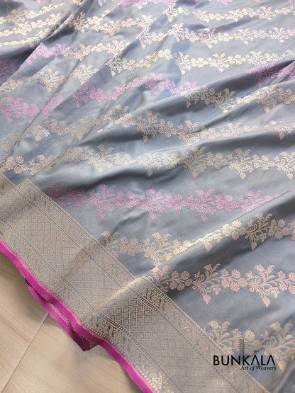 Pastel Grey Meenakari Jaal Kadwa Hand Weaved Banarasi Pure Katan Silk Saree