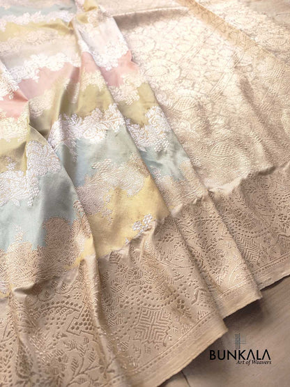 Rangkat Pastel Color Gold Silver Zari Kadwa Hand Weaved Banarasi Pure Katan Silk Saree