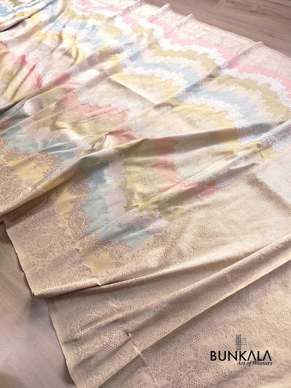 Rangkat Pastel Color Gold Silver Zari Kadwa Hand Weaved Banarasi Pure Katan Silk Saree