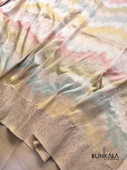 Rangkat Pastel Color Gold Silver Zari Kadwa Hand Weaved Banarasi Pure Katan Silk Saree