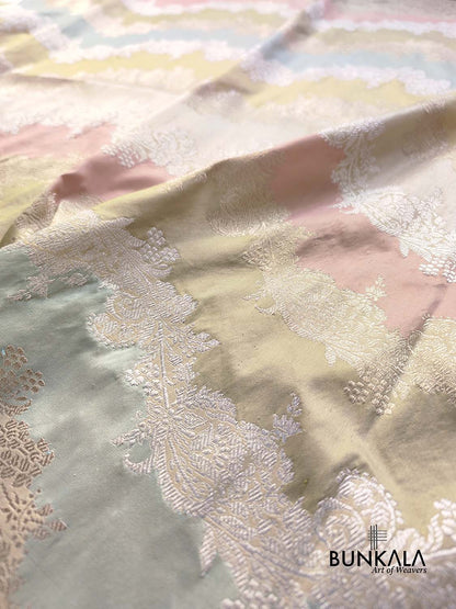 Rangkat Pastel Color Gold Silver Zari Kadwa Hand Weaved Banarasi Pure Katan Silk Saree
