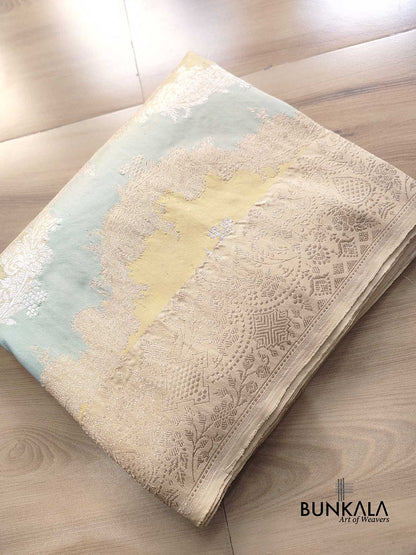 Rangkat Pastel Color Gold Silver Zari Kadwa Hand Weaved Banarasi Pure Katan Silk Saree