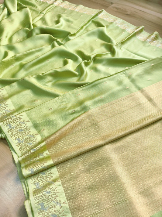 Pastel Green Shikargha Border TanChui Banarasi Mashru Silk Saree