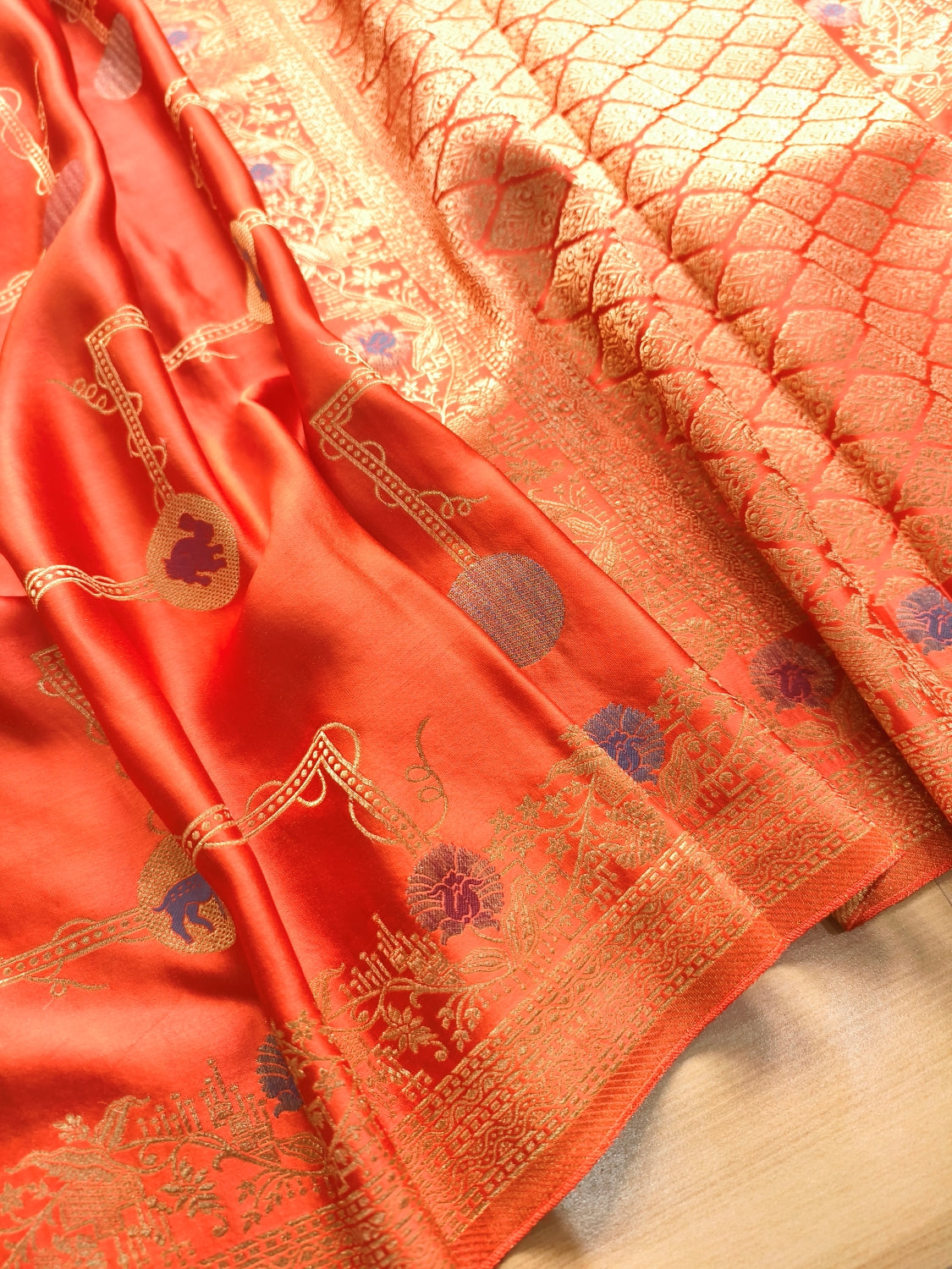 Burnt Orange Shikargha Jaal Design Banarasi Mashru Silk Saree