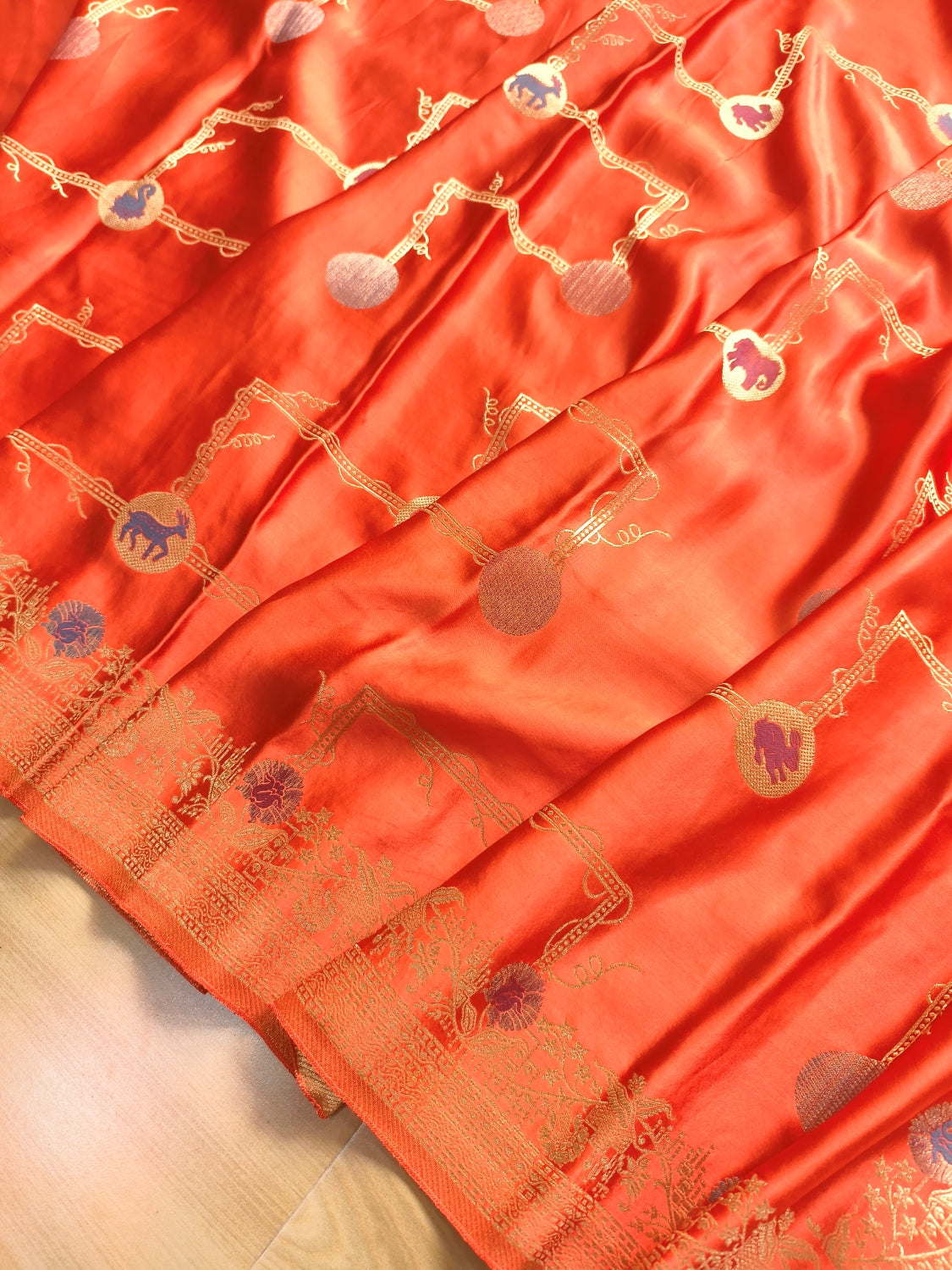 Burnt Orange Shikargha Jaal Design Banarasi Mashru Silk Saree