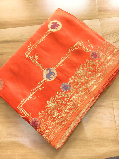 Burnt Orange Shikargha Jaal Design Banarasi Mashru Silk Saree