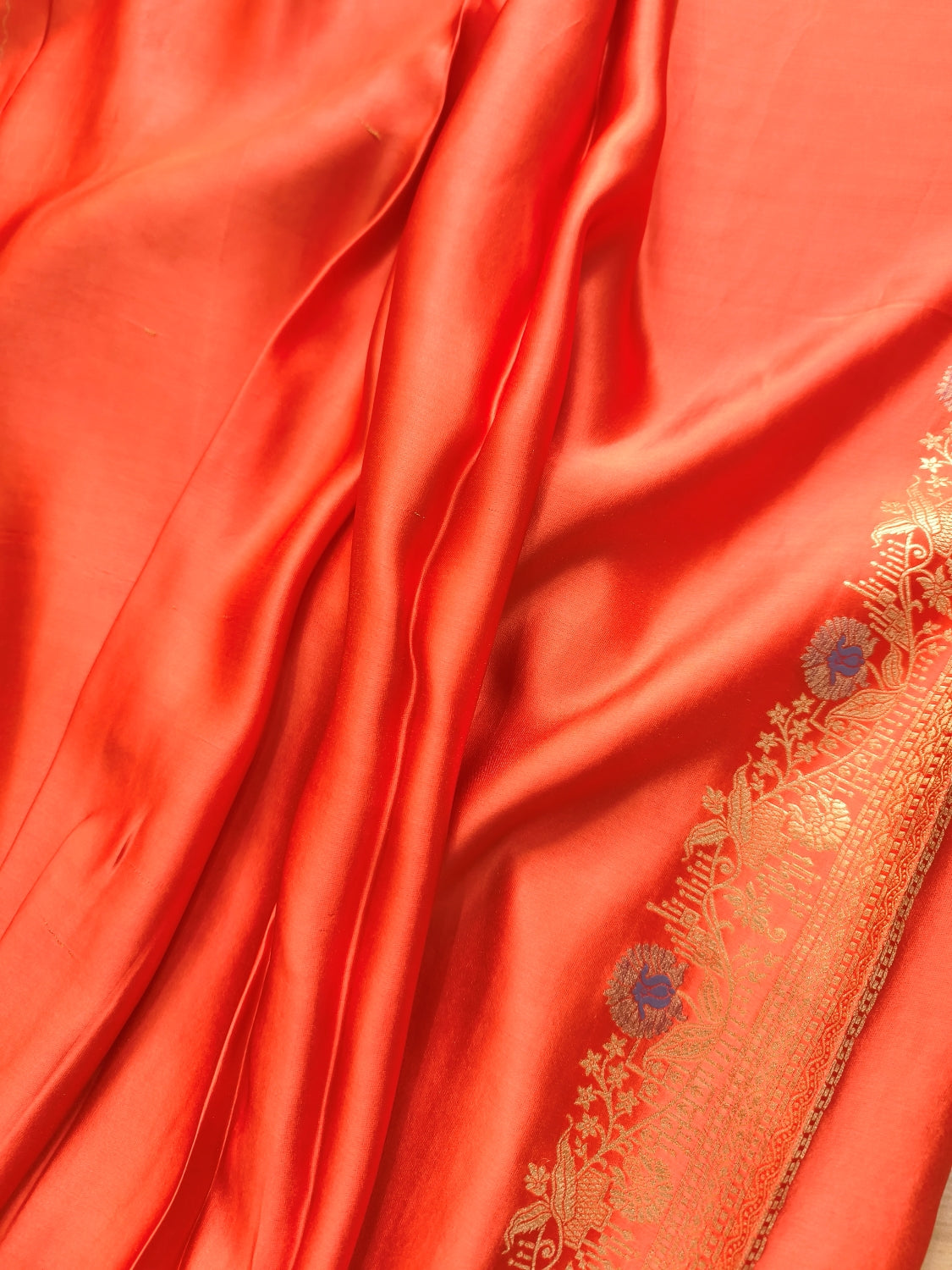 Burnt Orange Shikargha Jaal Design Banarasi Mashru Silk Saree