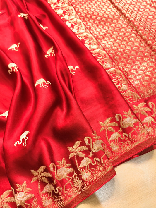 Maroonish Red Shikargha Buti Border Banarasi Mashru Silk Saree