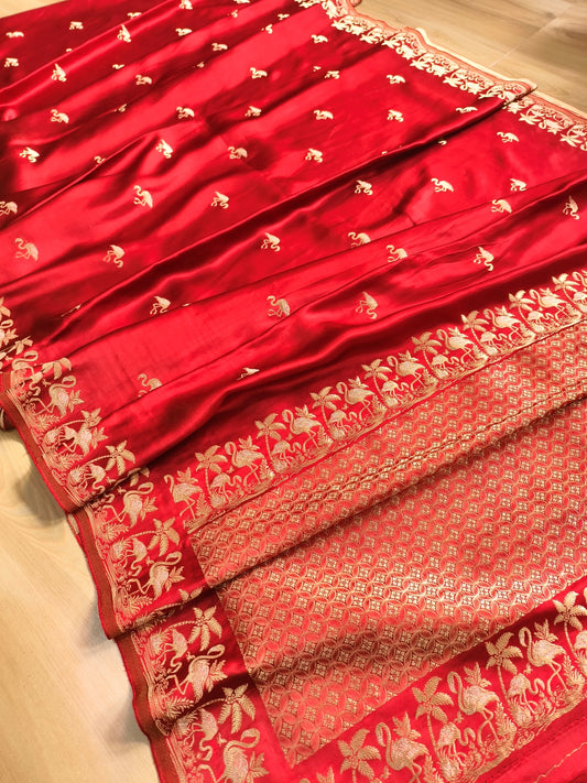 Maroonish Red Shikargha Buti Border Banarasi Mashru Silk Saree