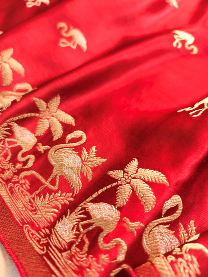 Maroonish Red Shikargha Buti Border Banarasi Mashru Silk Saree
