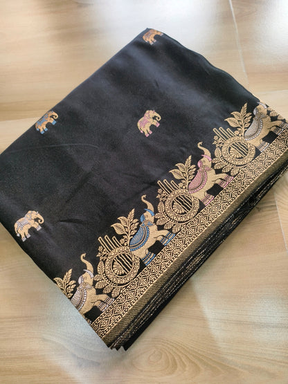 Jet Black Elephent Motif Border Banarasi Mashru Silk Saree