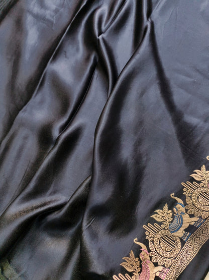 Jet Black Elephent Motif Border Banarasi Mashru Silk Saree