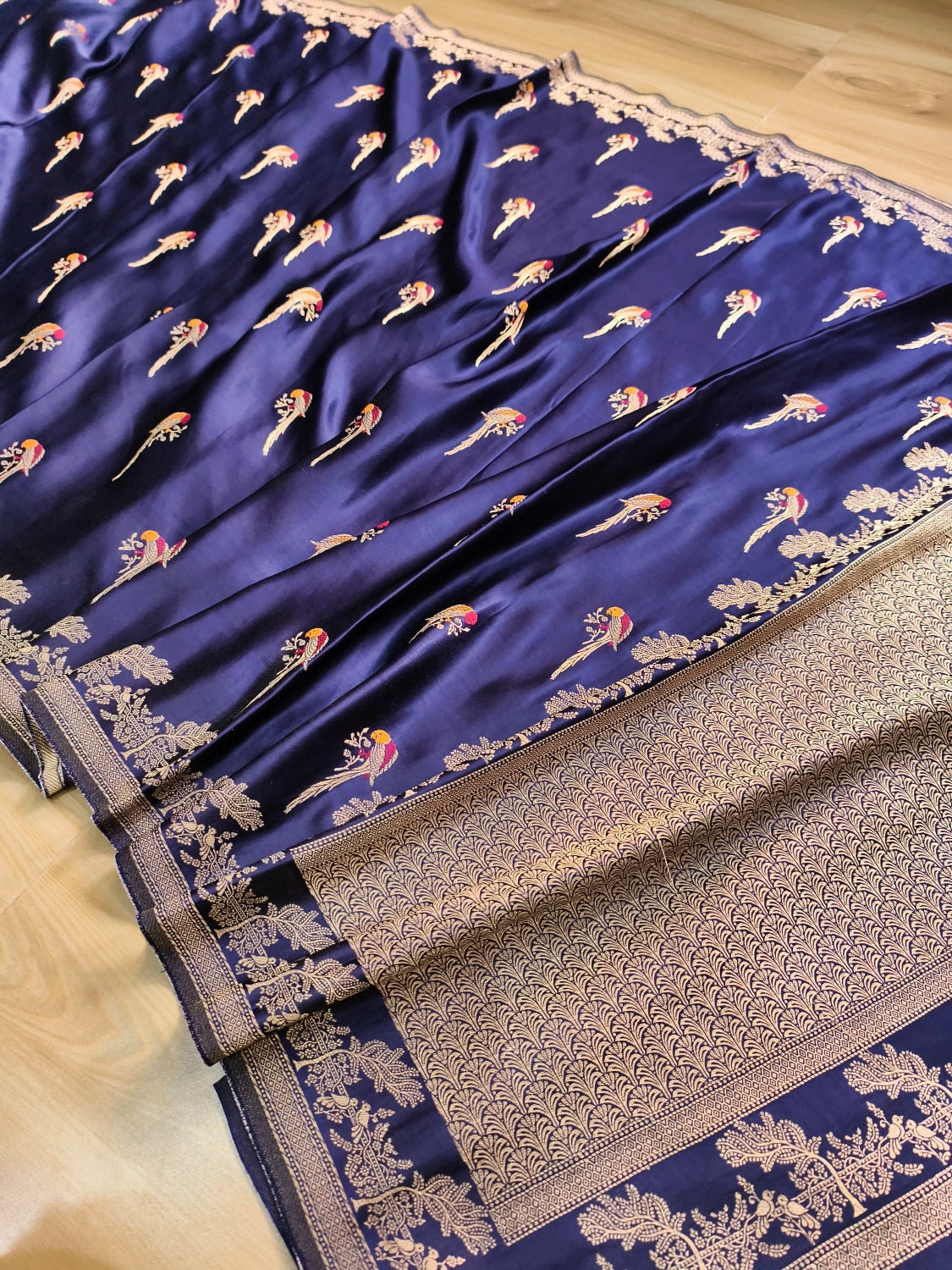 Dark Blue Parrot Motif Design Banarasi Mashru Silk Saree