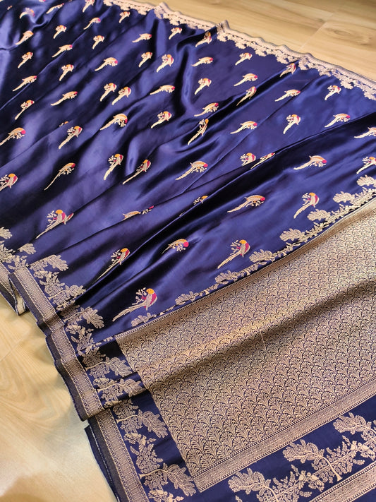 Dark Blue Parrot Motif Design Banarasi Mashru Silk Saree