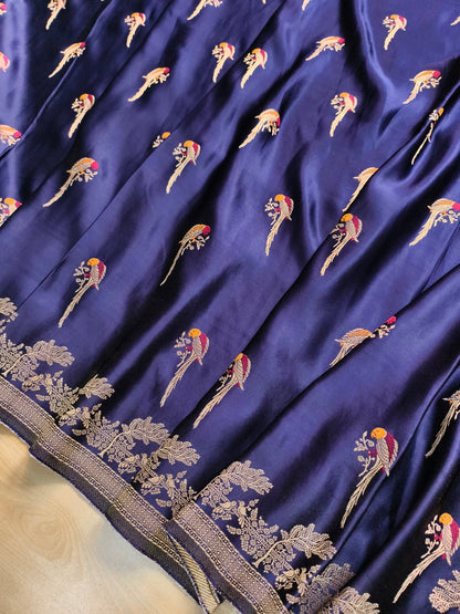 Dark Blue Parrot Motif Design Banarasi Mashru Silk Saree