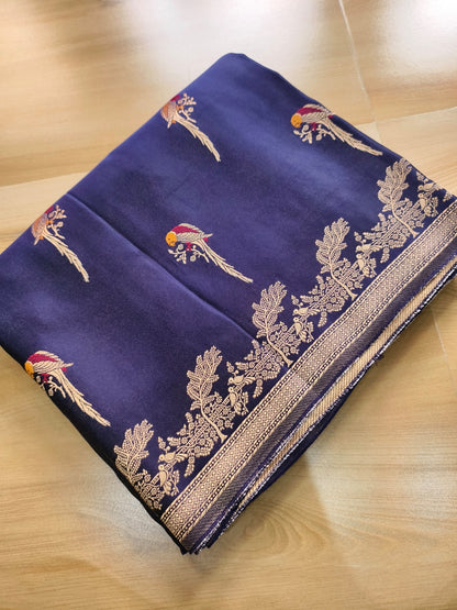 Dark Blue Parrot Motif Design Banarasi Mashru Silk Saree