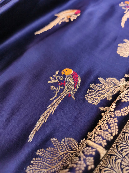 Dark Blue Parrot Motif Design Banarasi Mashru Silk Saree