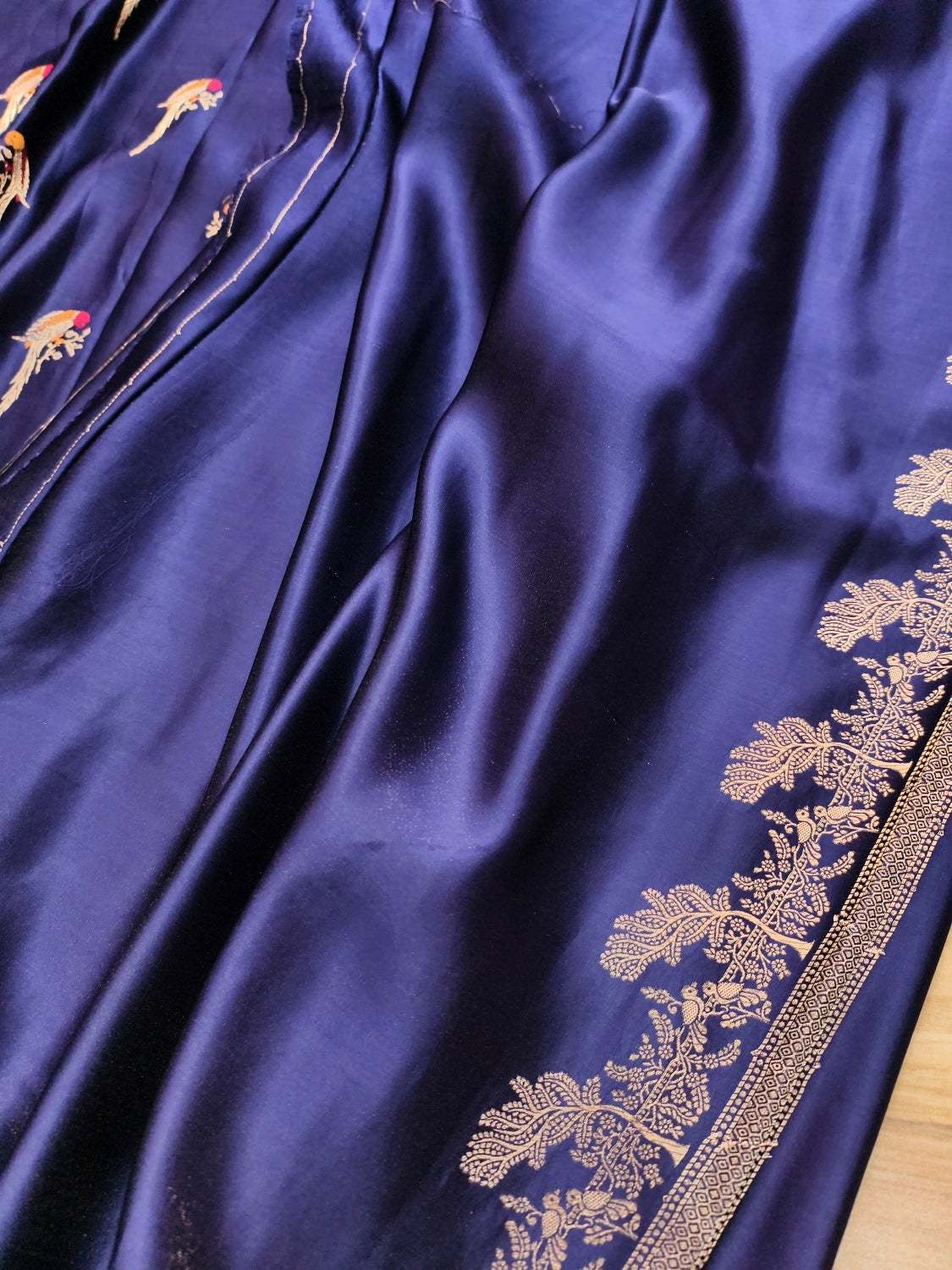 Dark Blue Parrot Motif Design Banarasi Mashru Silk Saree