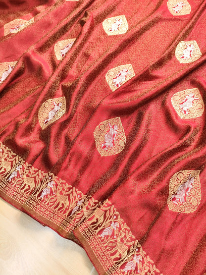 Maroonish Red Nirtya Motif Design Banarasi Mashru Silk Saree
