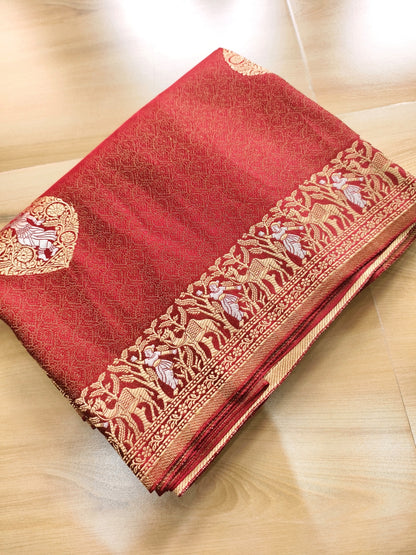 Maroonish Red Nirtya Motif Design Banarasi Mashru Silk Saree