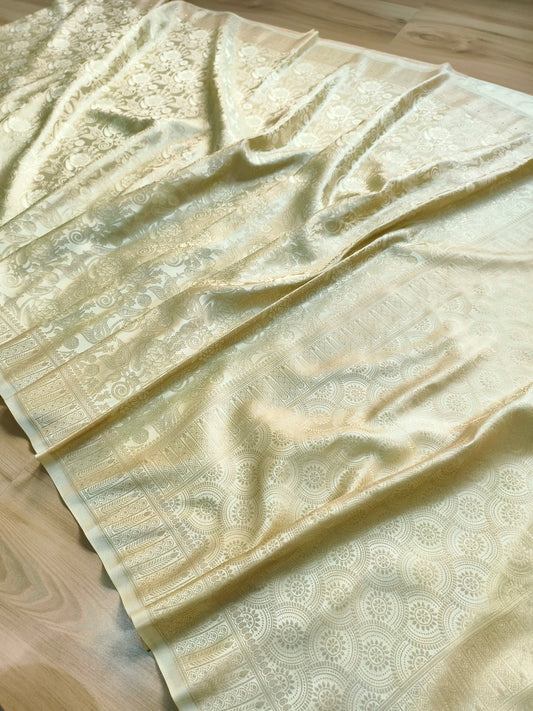 Pastel Green Floral Jaal Tanchui Banarasi Mashru Silk Saree