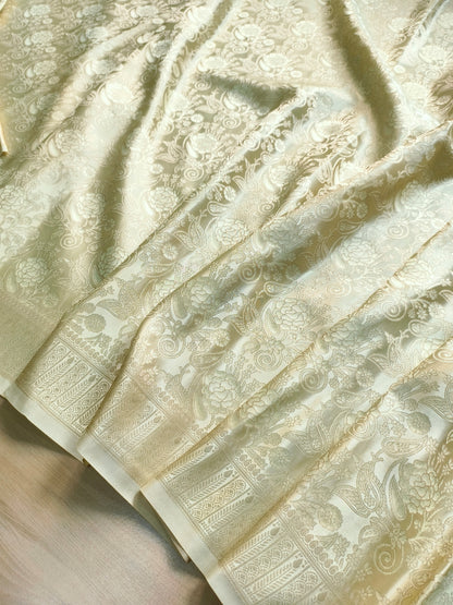 Pastel Green Floral Jaal Tanchui Banarasi Mashru Silk Saree