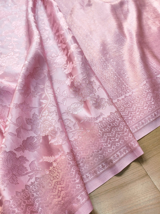 Baby Pink Floral Jaal Tanchui Banarasi Mashru Silk Saree
