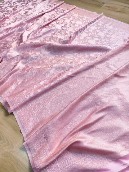 Baby Pink Floral Jaal Tanchui Banarasi Mashru Silk Saree