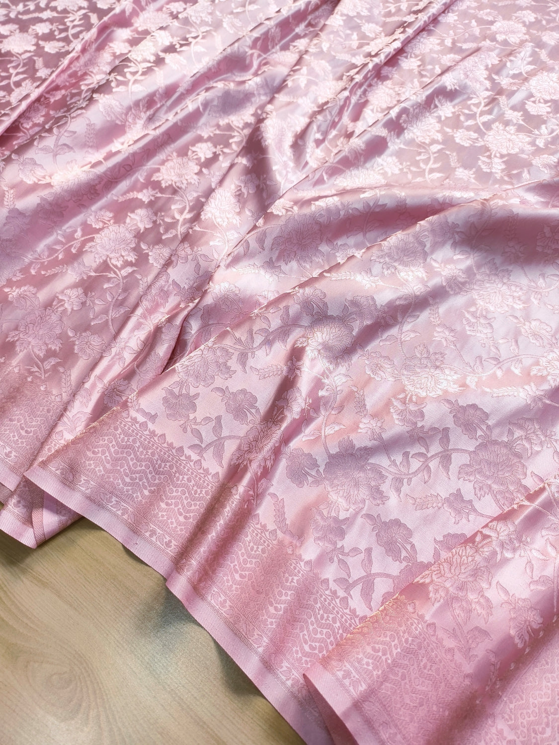 Baby Pink Floral Jaal Tanchui Banarasi Mashru Silk Saree