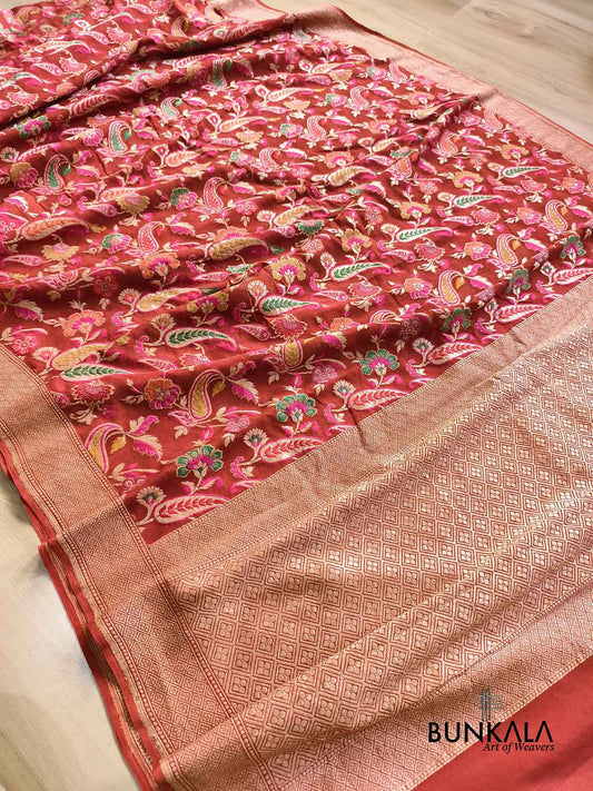 Rustic Orange Leaf Floral Meenakari Jaal Handloom Banarasi Pure Georgette Saree
