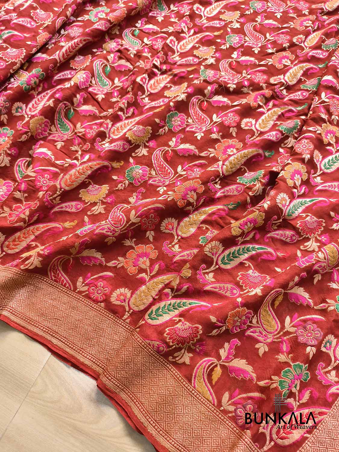 Rustic Orange Leaf Floral Meenakari Jaal Handloom Banarasi Pure Georgette Saree