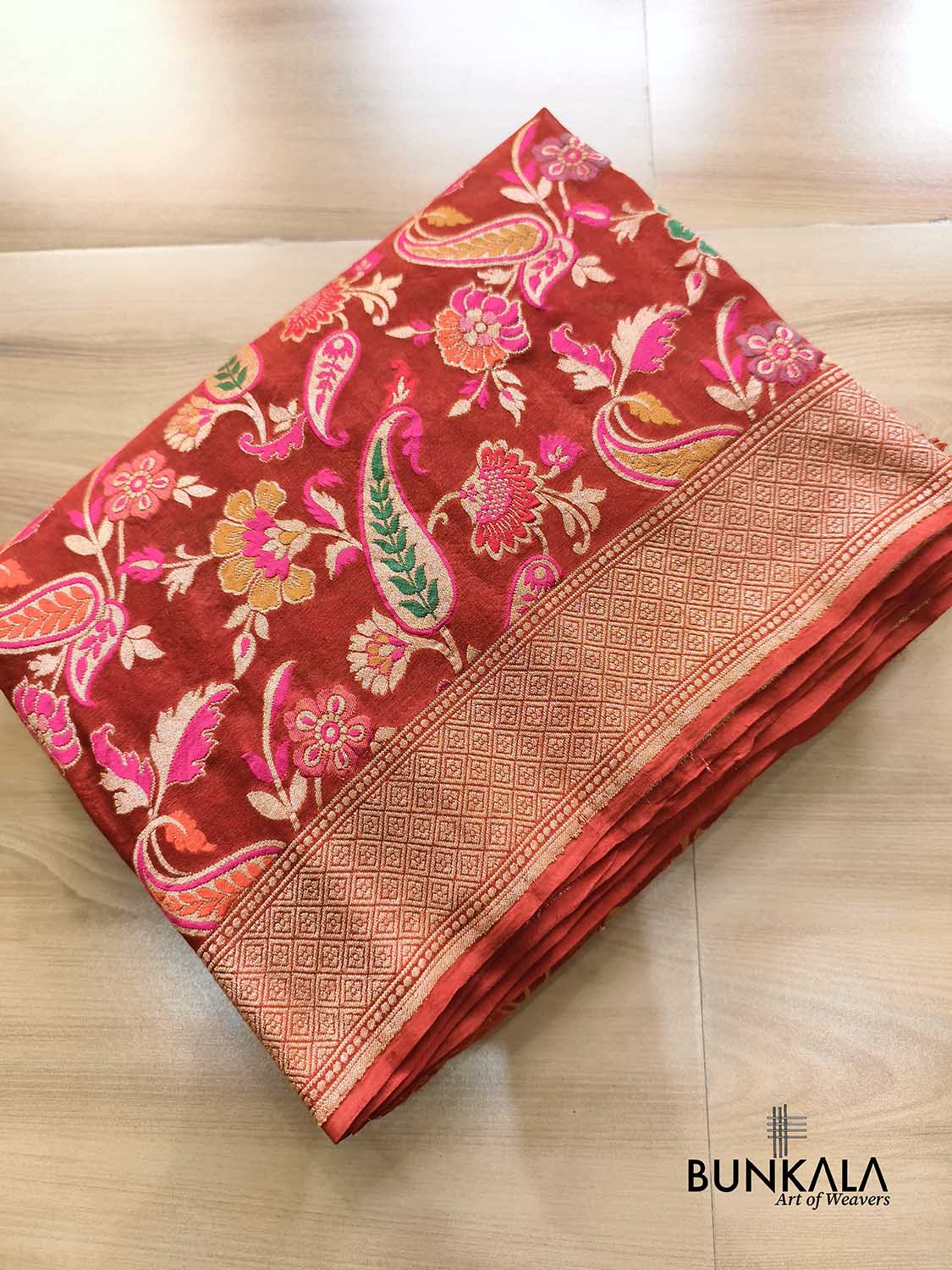 Rustic Orange Leaf Floral Meenakari Jaal Handloom Banarasi Pure Georgette Saree