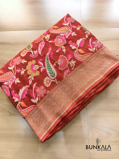 Rustic Orange Leaf Floral Meenakari Jaal Handloom Banarasi Pure Georgette Saree