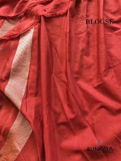 Rustic Orange Leaf Floral Meenakari Jaal Handloom Banarasi Pure Georgette Saree