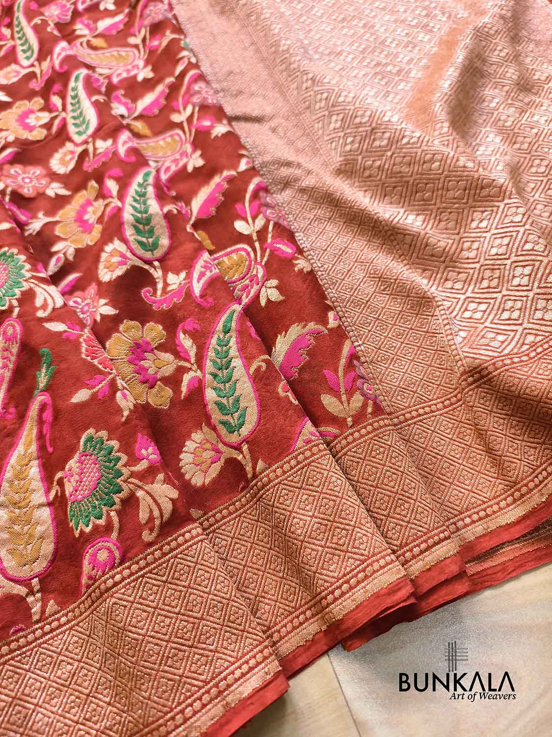 Rustic Orange Leaf Floral Meenakari Jaal Handloom Banarasi Pure Georgette Saree