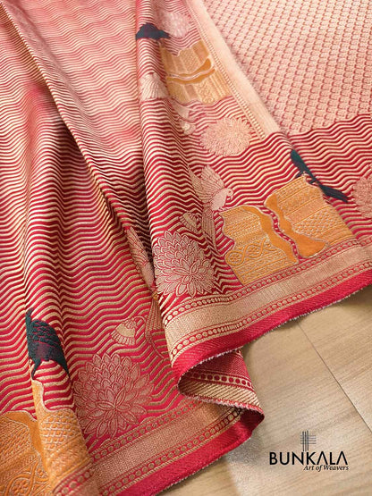 Red Leheriya Wave Pattern Birds & Floral Border Banarasi Silk Saree