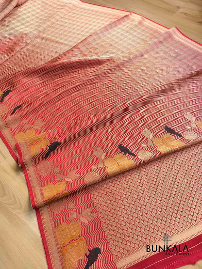 Red Leheriya Wave Pattern Birds & Floral Border Banarasi Silk Saree