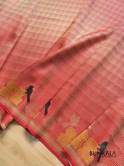 Red Leheriya Wave Pattern Birds & Floral Border Banarasi Silk Saree
