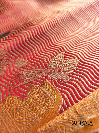 Red Leheriya Wave Pattern Birds & Floral Border Banarasi Silk Saree