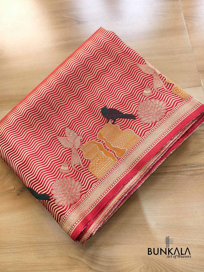 Red Leheriya Wave Pattern Birds & Floral Border Banarasi Silk Saree