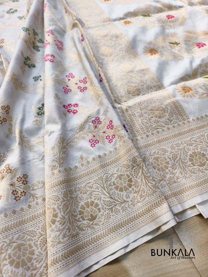 White Meena Intricate Floral Jaal Handloom Banarasi Pure Katan Silk Saree