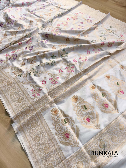White Meena Intricate Floral Jaal Handloom Banarasi Pure Katan Silk Saree