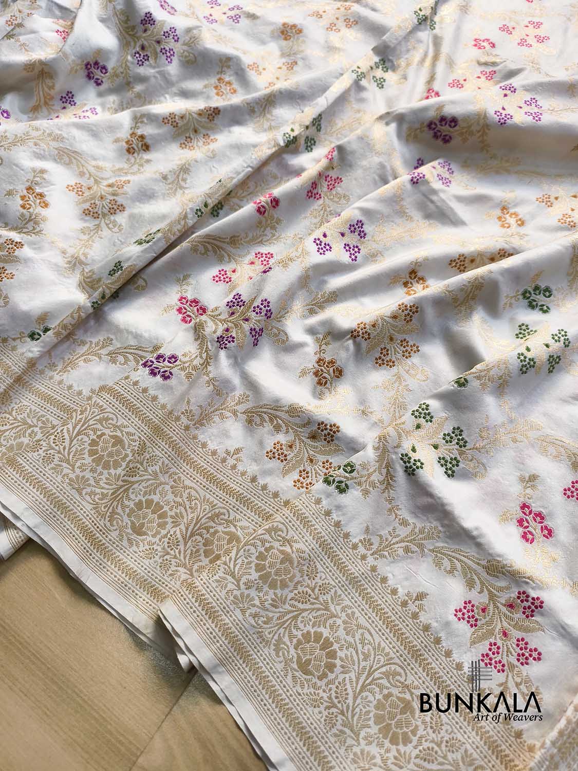 White Meena Intricate Floral Jaal Handloom Banarasi Pure Katan Silk Saree