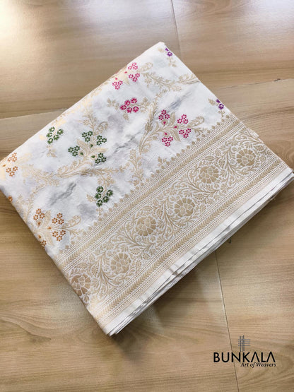 White Meena Intricate Floral Jaal Handloom Banarasi Pure Katan Silk Saree
