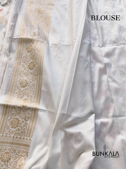 White Meena Intricate Floral Jaal Handloom Banarasi Pure Katan Silk Saree