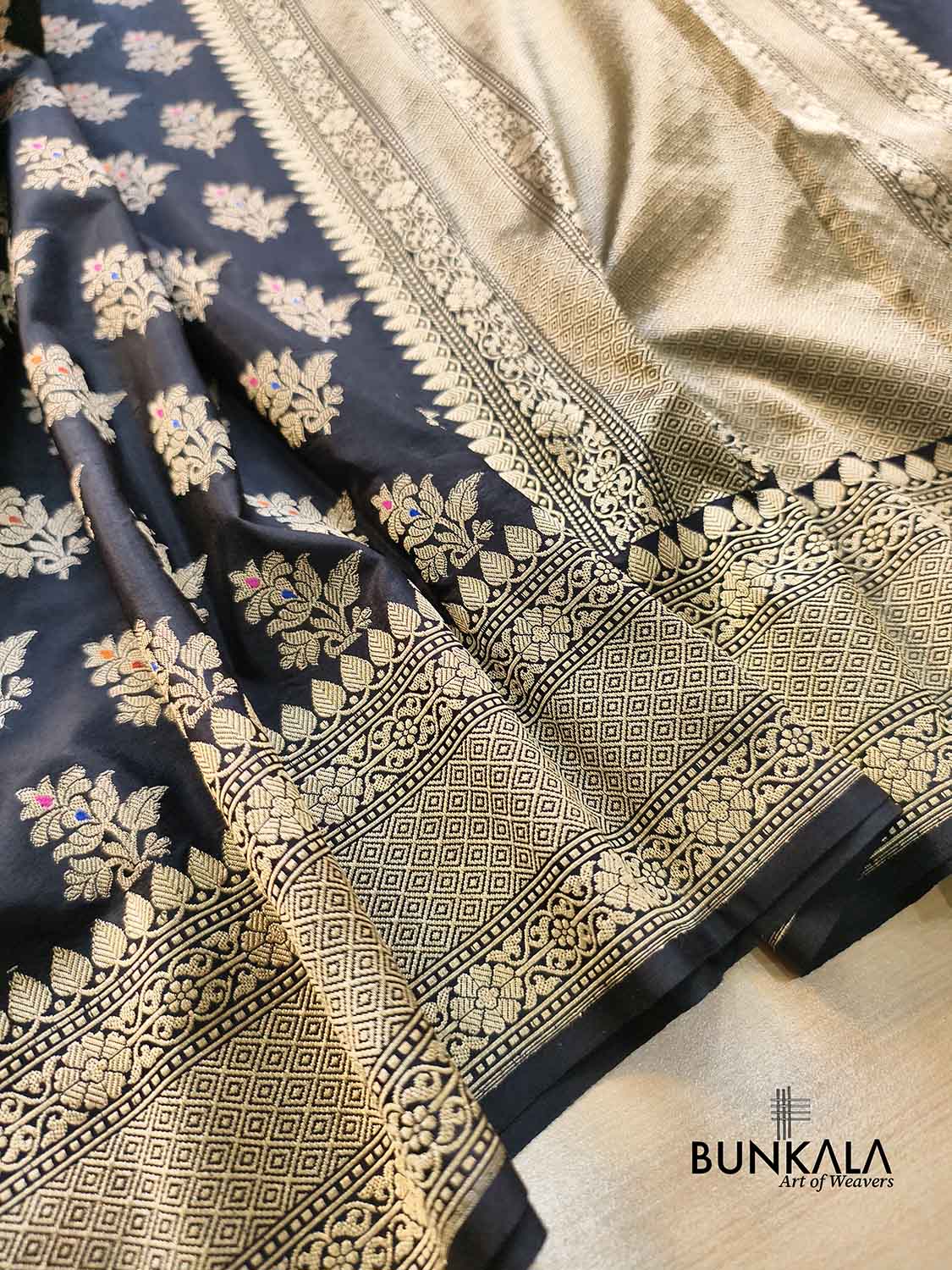 Jet Black & Golden Zari Meena Floral Buta Motif Handloom Banarasi Pure Katan Silk Saree