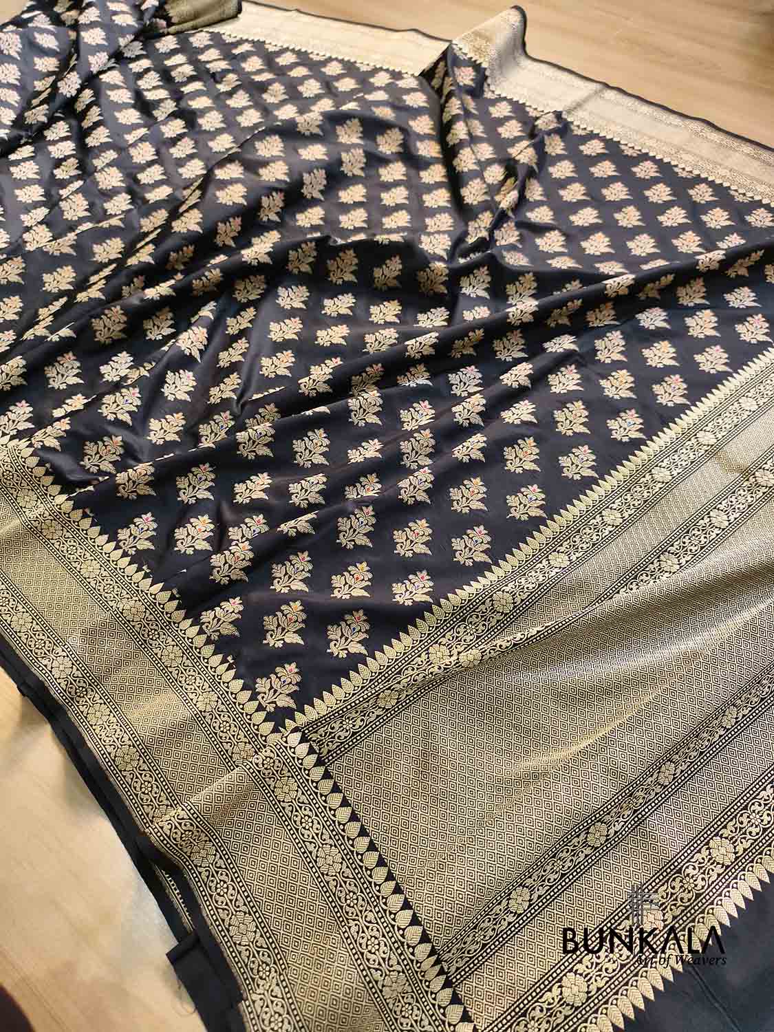 Jet Black & Golden Zari Meena Floral Buta Motif Handloom Banarasi Pure Katan Silk Saree